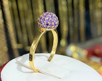 Vintage 18K Solid Yellow Gold Amethyst Ball Pave Ring Size 6.75