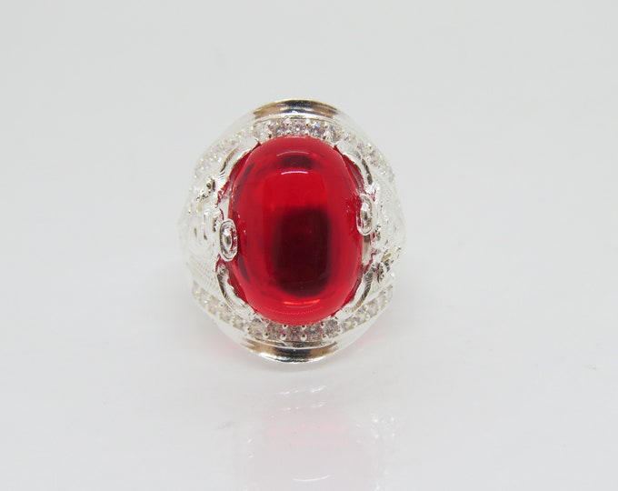 Vintage Sterling Silver Ruby Cabochon, White Topaz Mammon Wealth God Ring Size 9.5