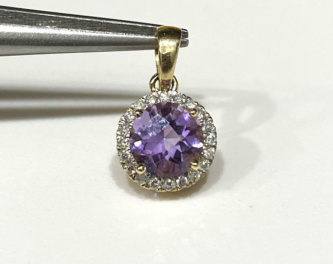 Vintage 14K Solid Gold Natural Amethyst & Diamond Halo Pendant.
