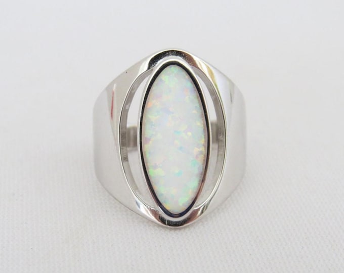 Vintage Modernist Sterling Silver White Opal Bold Ring Size 11