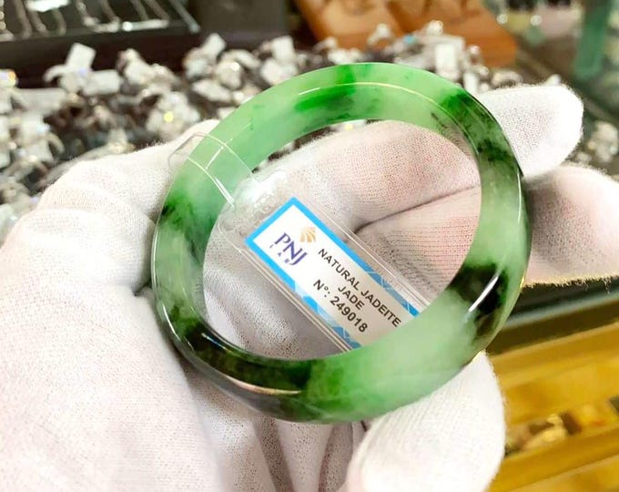Vintage Translucent Natural Green, Black Jadeite Jade Bangle Bracelet 55.5MM