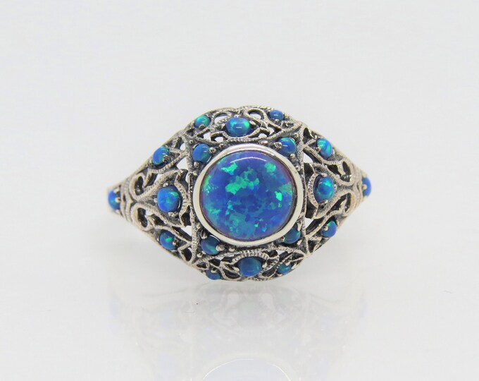 Vintage Sterling Silver Blue Opal Filigree Dome Ring Size 8