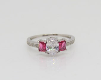 Vintage Sterling Silver White Topaz & Ruby Cocktail Ring Size 7