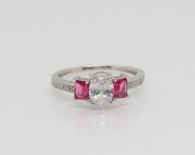 Vintage Sterling Silver White Topaz & Ruby Cocktail Ring Size 7