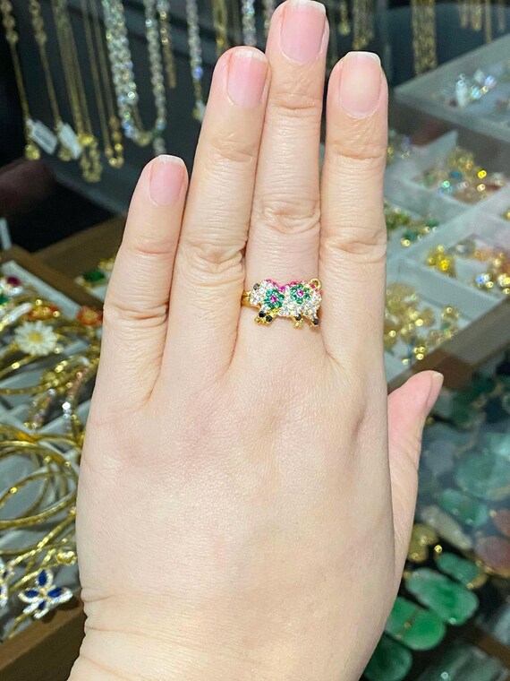 Vintage 18K Gold Pig Ring Ruby, Emerald, Sapphire… - image 8
