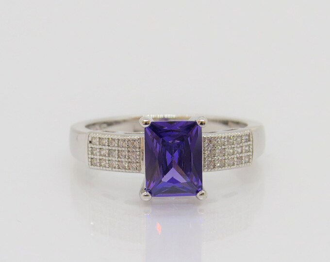 Vintage Sterling Silver Amethyst & White Topaz Solitaire Ring Size 9
