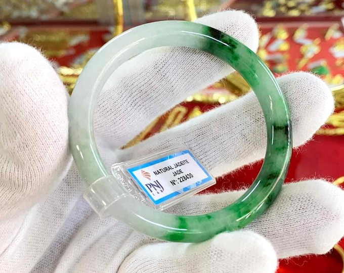 Vintage Translucent Natural Green, White, Black Jadeite Jade Bangle Bracelet 52.9MM