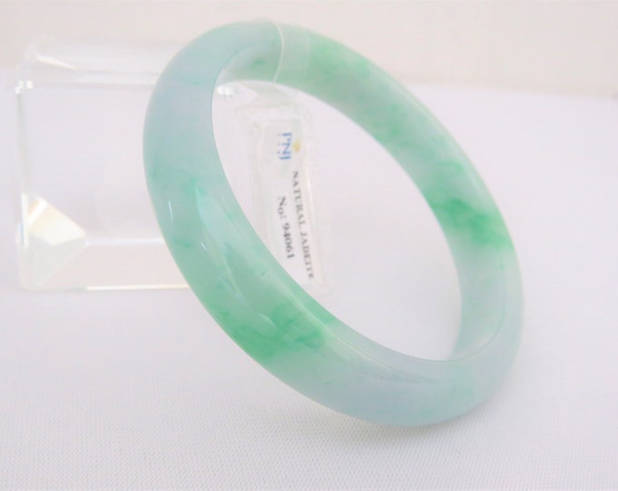 Translucent Natural Green, White Jadeite Jade Vintage Bangle Bracelet 59.1MM