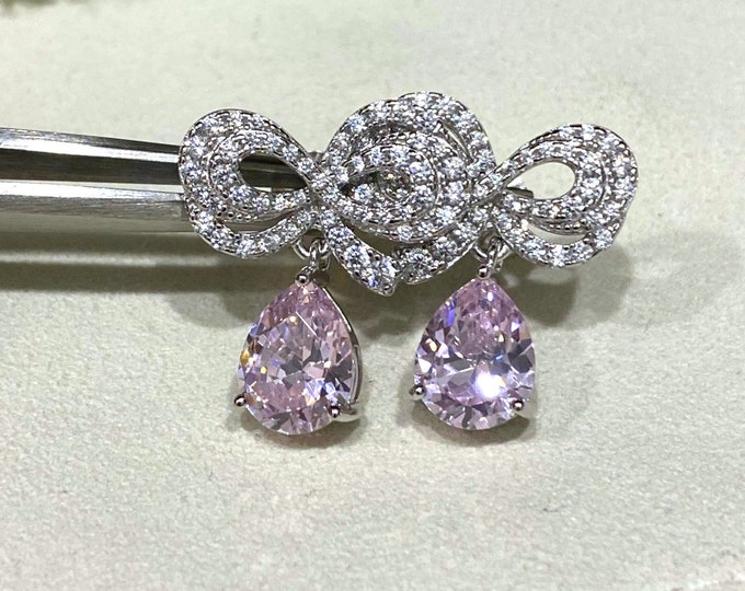 Vintage Sterling Silver Pear cut Pink Sapphire & White Topaz Dangle Earrings.