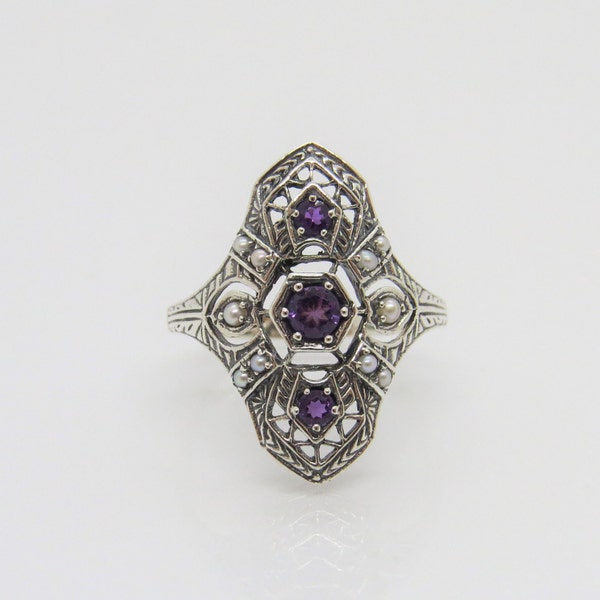 Vintage Sterling Silver Natural Amethyst & Seed Pearl Filigree Long Ring Size 7