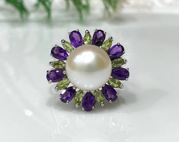 Vintage Sterling Silver Natural White Pearl & Amethyst, Peridot Ring Size 8