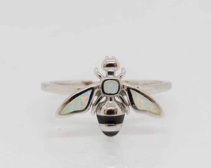 Vintage Sterling Silver White Opal & Black Onyx Bee Ring.