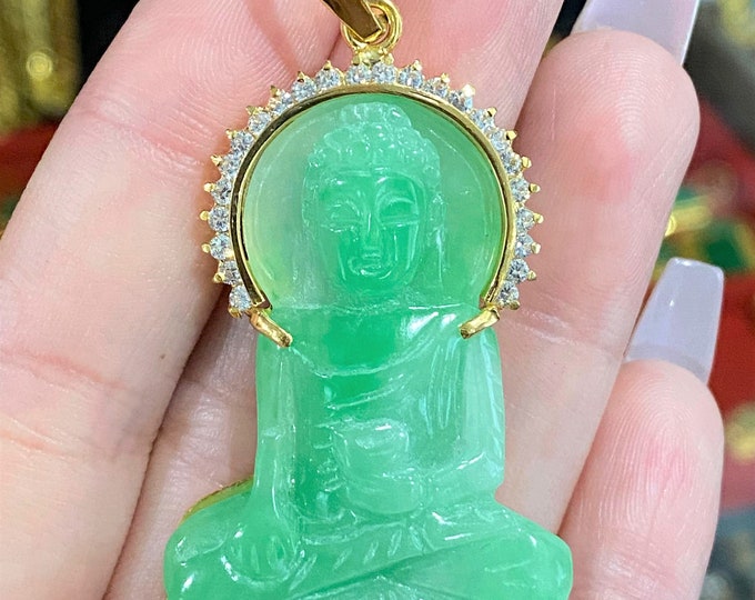 Vintage 18K Solid Gold Green Jadeite Jade & White Topaz Buddha Pendant Mat Phat Bon Su Thich Ca.