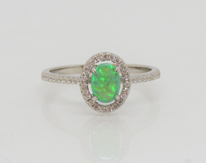 Sterling Silver Green Opal & White Topaz Wedding Engagement Ring.