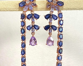 Vintage Sterling Silver Rose Gold Plate Natural Blue Sapphire, Amethyst & Tanzanite Dangle Earrings.