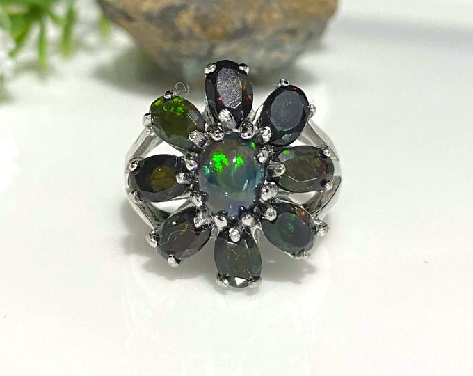 Vintage Sterling Silver Natural Black Opal Flower Ring Size 7