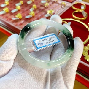 Translucent Natural Green, Black, White Jadeite Jade Vintage Bangle Bracelet 56.2MM