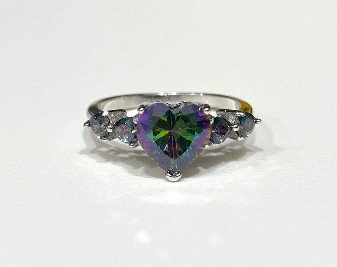 Sterling Silver Rainbow Topaz Heart Ring Size 7