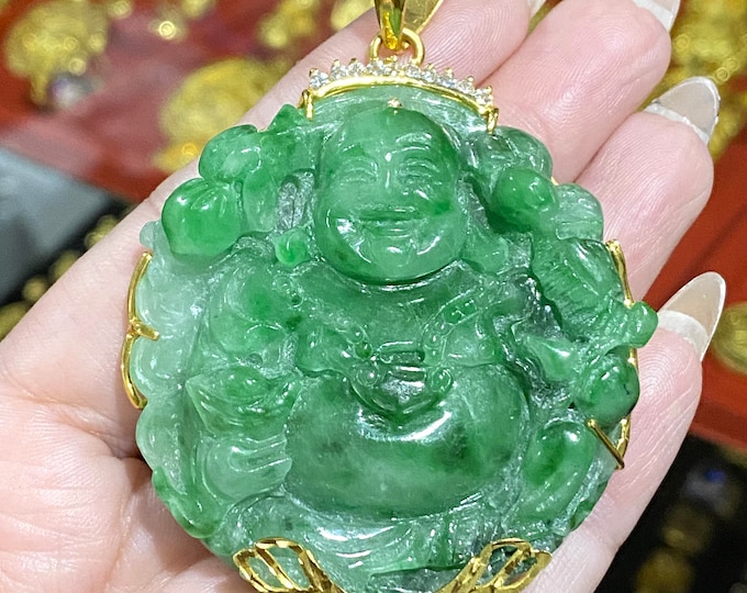 Vintage 15K 610 Solid Yellow Gold Green Jadeite Jade, White Topaz Laughing Buddha Pendant Phat Di Lac