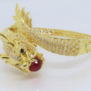 18K Solid Yellow Gold Ruby, Black Sapphire & White Topaz Dragon Vintage Bangle Bracelet 7 1/2&#39;&#39;