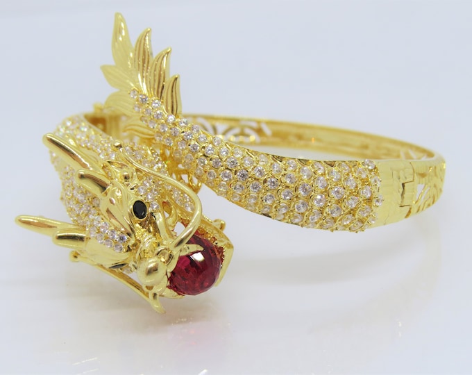 18K Solid Yellow Gold Ruby, Black Sapphire & White Topaz Dragon Vintage Bangle Bracelet 7 1/2''