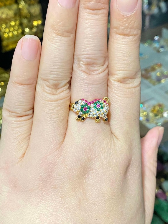 Vintage 18K Gold Pig Ring Ruby, Emerald, Sapphire… - image 9