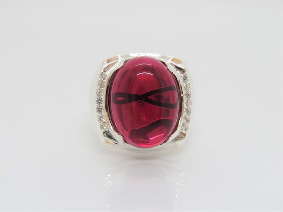 Vintage Sterling Silver Oval Red Ruby & White Top… - image 1