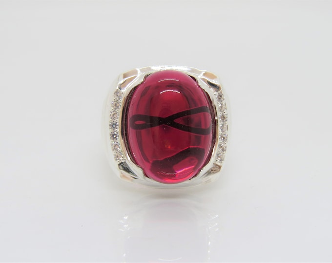 Vintage Sterling Silver Oval Red Ruby & White Topaz Men's Ring Size 10.5