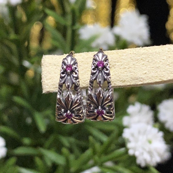 Vintage Sterling Silver Ruby Fleur De Lis Hoop Ea… - image 3