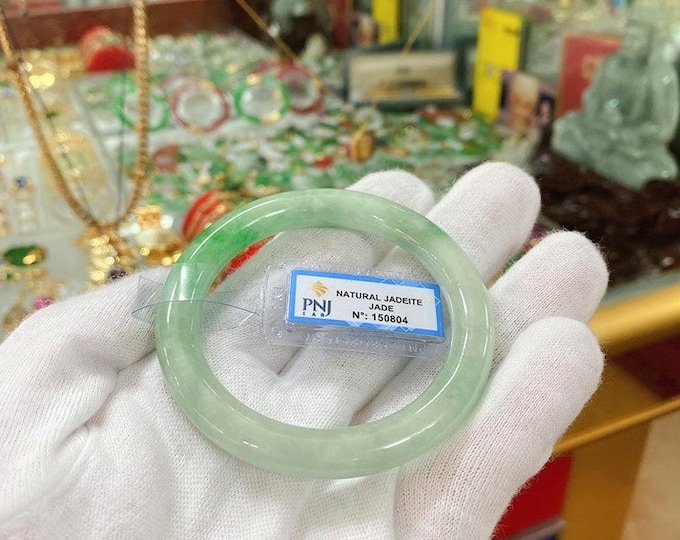 Translucent Natural Green, White Jadeite Jade Vintage Bangle Bracelet 54.4MM