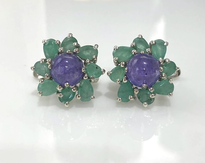 Vintage Sterling Silver Natural Tanzanite & Emeralds Flower Earrings.