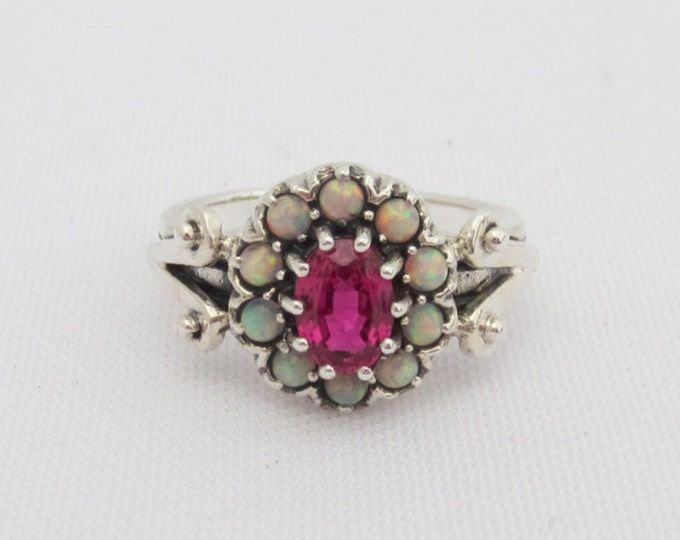 Vintage Sterling Silver Ruby & Opal Cluster Ring.