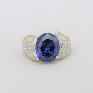 Vintage Sterling Silver Tanzanite, White Topaz & Opal Ring Size 8