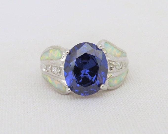 Vintage Sterling Silver Tanzanite, White Topaz & Opal Ring Size 8