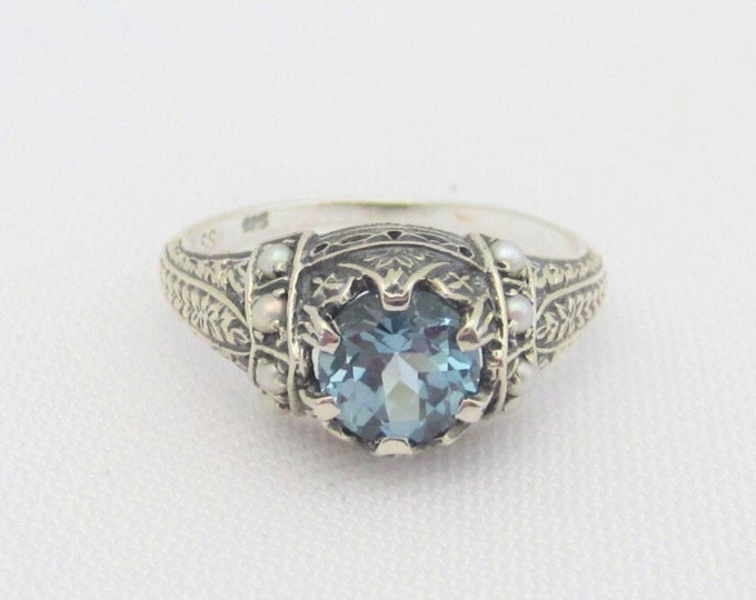 Vintage Sterling Silver Aquamarine & Seed Pearl Filigree Ring Size 8