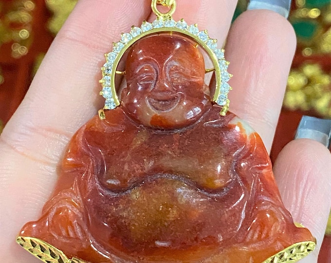 Vintage 18K Solid Yellow Gold Red Jadeite Jade Laughing Buddha Happy Buddha Pendant