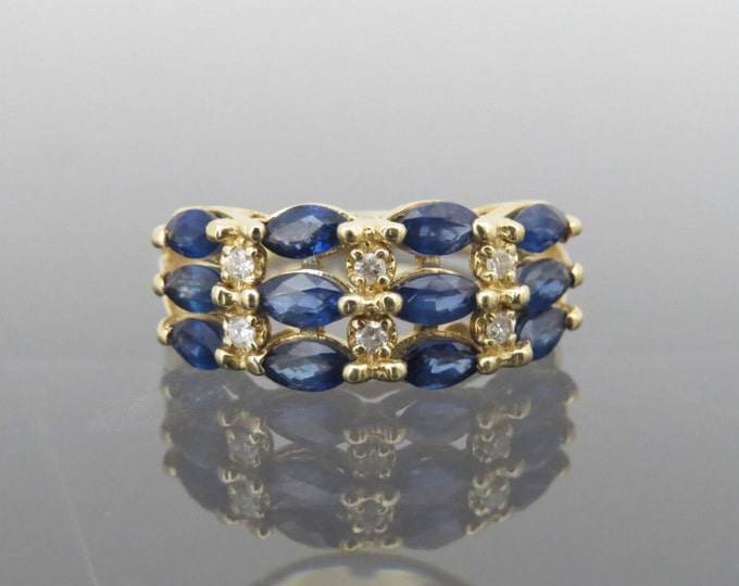 Vintage 14K Solid Yellow Gold 1.23ct Blue Sapphire & Diamond Ring Size 6.5