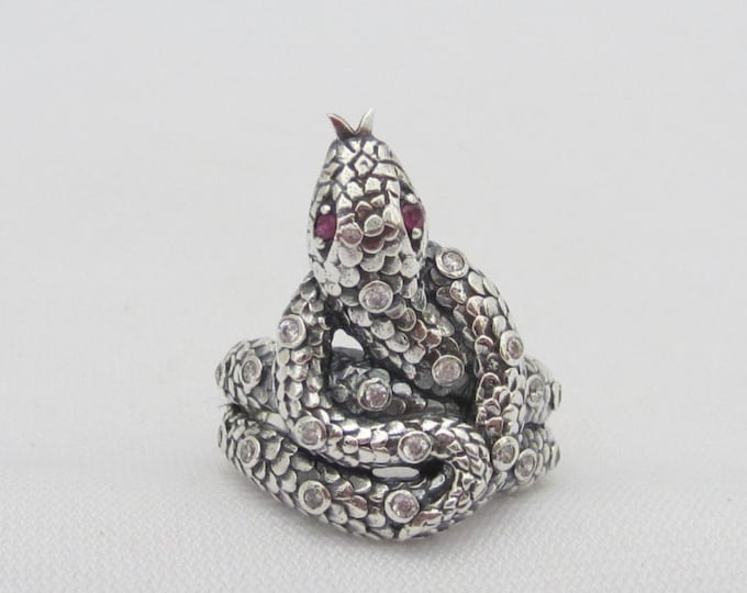 Vintage Sterling Silver White Topaz & Ruby eyes Snake Ring Size 7
