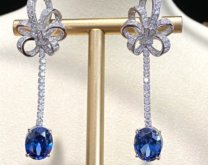 Vintage Sterling Silver Blue Sapphire & White Topaz Dangle Earrings.