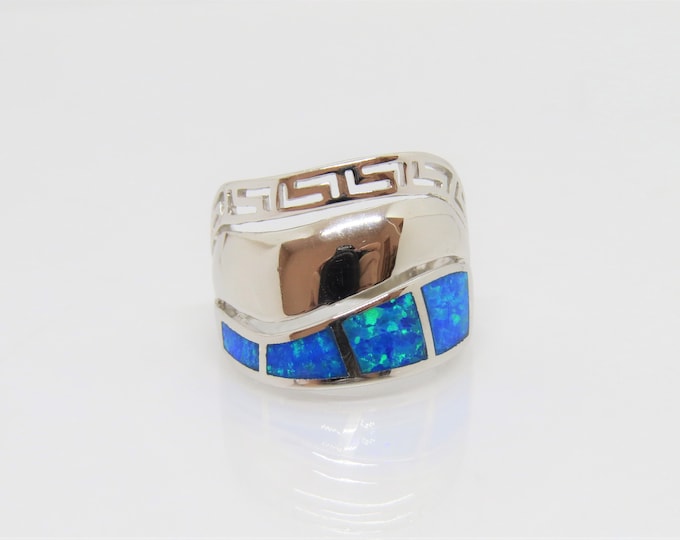 Vintage Sterling Silver Blue Opal Filigree Dome Ring Size 7