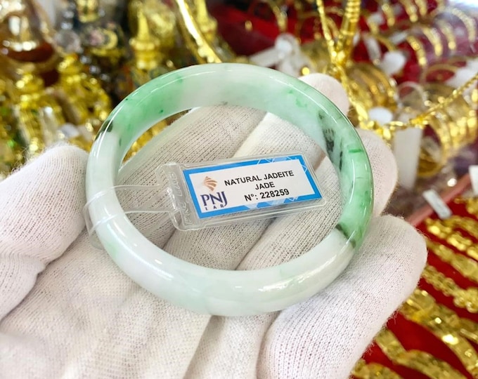 Vintage Translucent Natural Green, White Jadeite Jade Bangle Bracelet 57.8MM