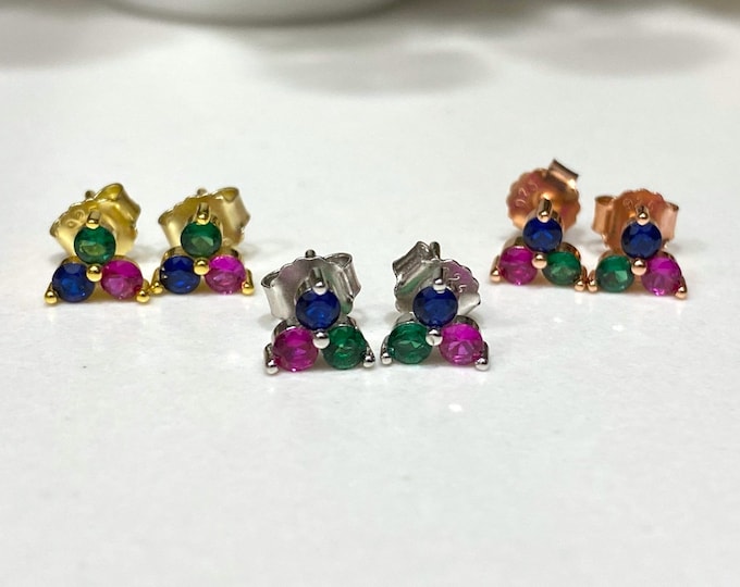 Vintage Sterling Silver Blue Sapphire, Emerald & Ruby Stud Earrings.