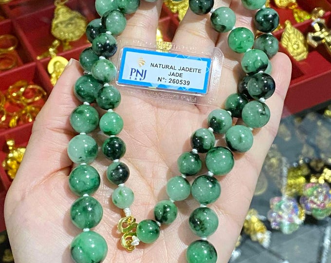 Vintage 14K Yellow Gold Translucent Natural Green, Black Jadeite Jade Bead Necklace 24''