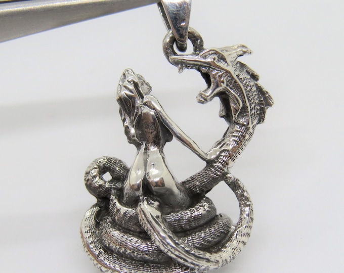 Vintage Sterling Silver Distress, Dragon Damsel & Serpent Pendant