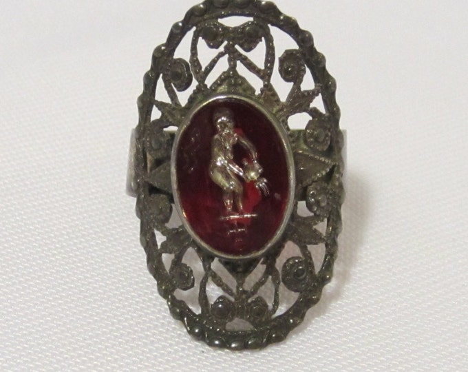 Antique Sterling Silver Red Ruby Engraved stone Adjustable Ring Size 10