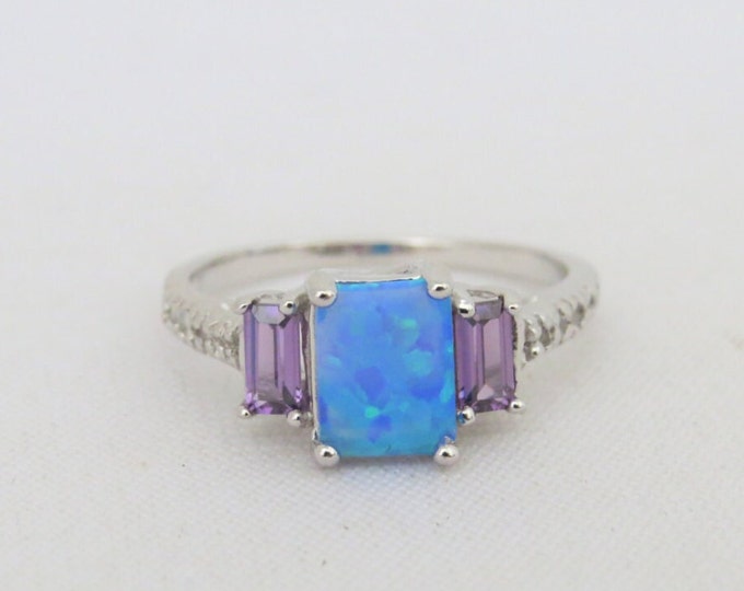 Vintage Sterling Silver Blue Opal, Amethyst & White Topaz Engagement Ring Size 7