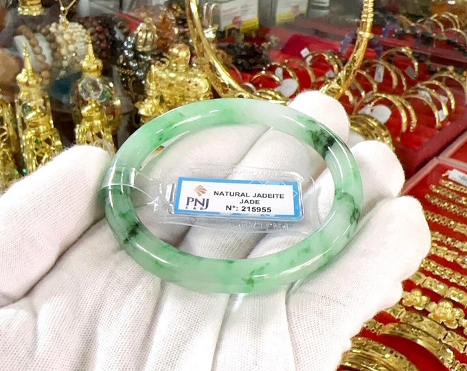Vintage Translucent Natural Green, White & Black Jadeite Jade Bangle Bracelet 57.5MM