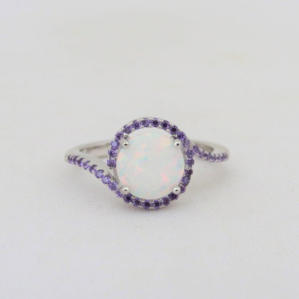 Vintage Sterling Silver White Opal & Amethyst Engagement Ring Size 6