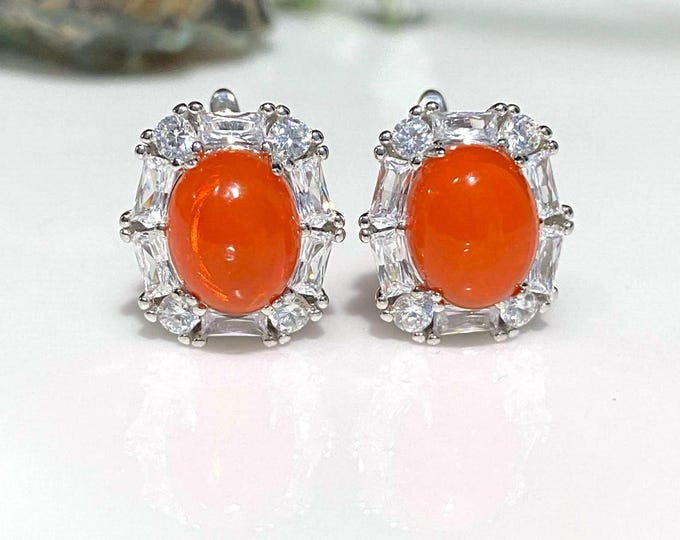 Vintage Sterling Silver Natural Orange Fire Opal & White Topaz Earrings.