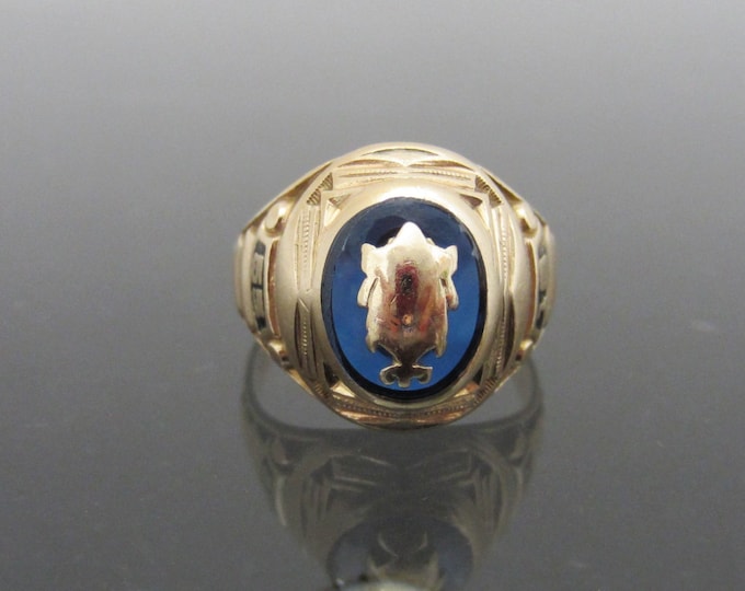 Vintage 10K Solid YG 1955 Murchison Blue Sapphire Cabochon Class Ring Size 5.75